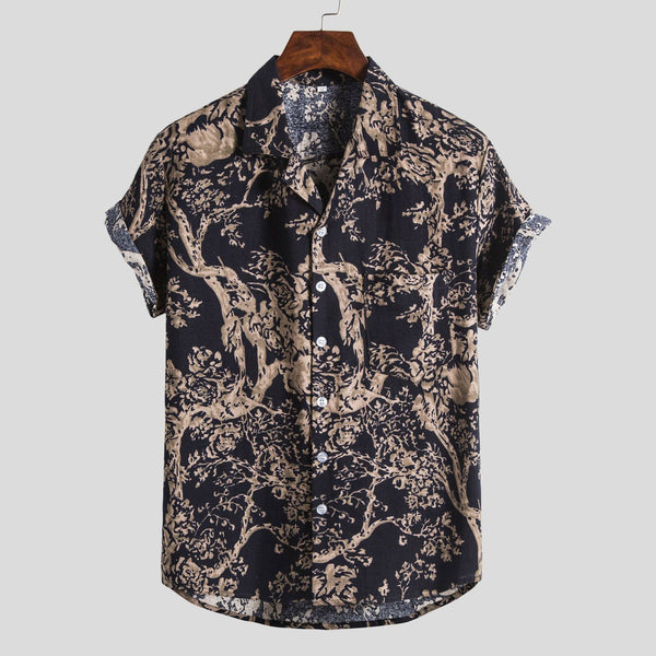Pocket Blouse Cotton-linen Printing Casual Lapel Fashion Sleeve Mens Short Men Shirts Shirt Button