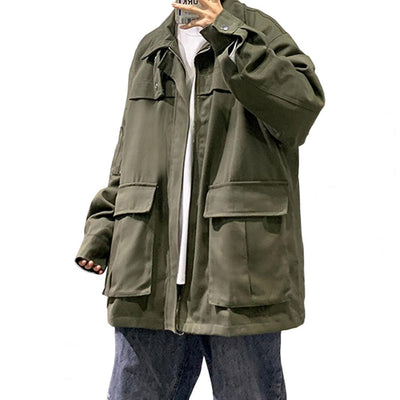 Stylish Men Autumn Coat Oversized Loose Men Cargo Coat Turn-down Collar Spring Coat