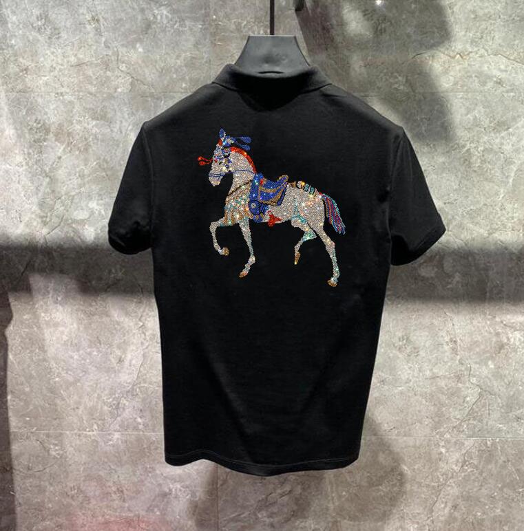 New arrival Men Short Sleeve Casual Male Rhinestones horse slim fit Homme Top polo shirts