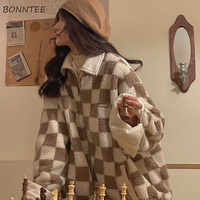 Plaid Parkas Women Loose Young Casual Zip-up Ulzzang Winter Female Students Sweet Retro Outwear Windproof Newest Chic Holiday