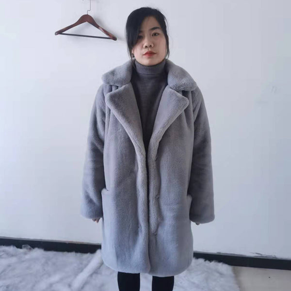 2021 New Women Winter Warm Faux Fur Coat Thick Women Middle -Long Overcoat Turn Down Collar Women Warm Female
