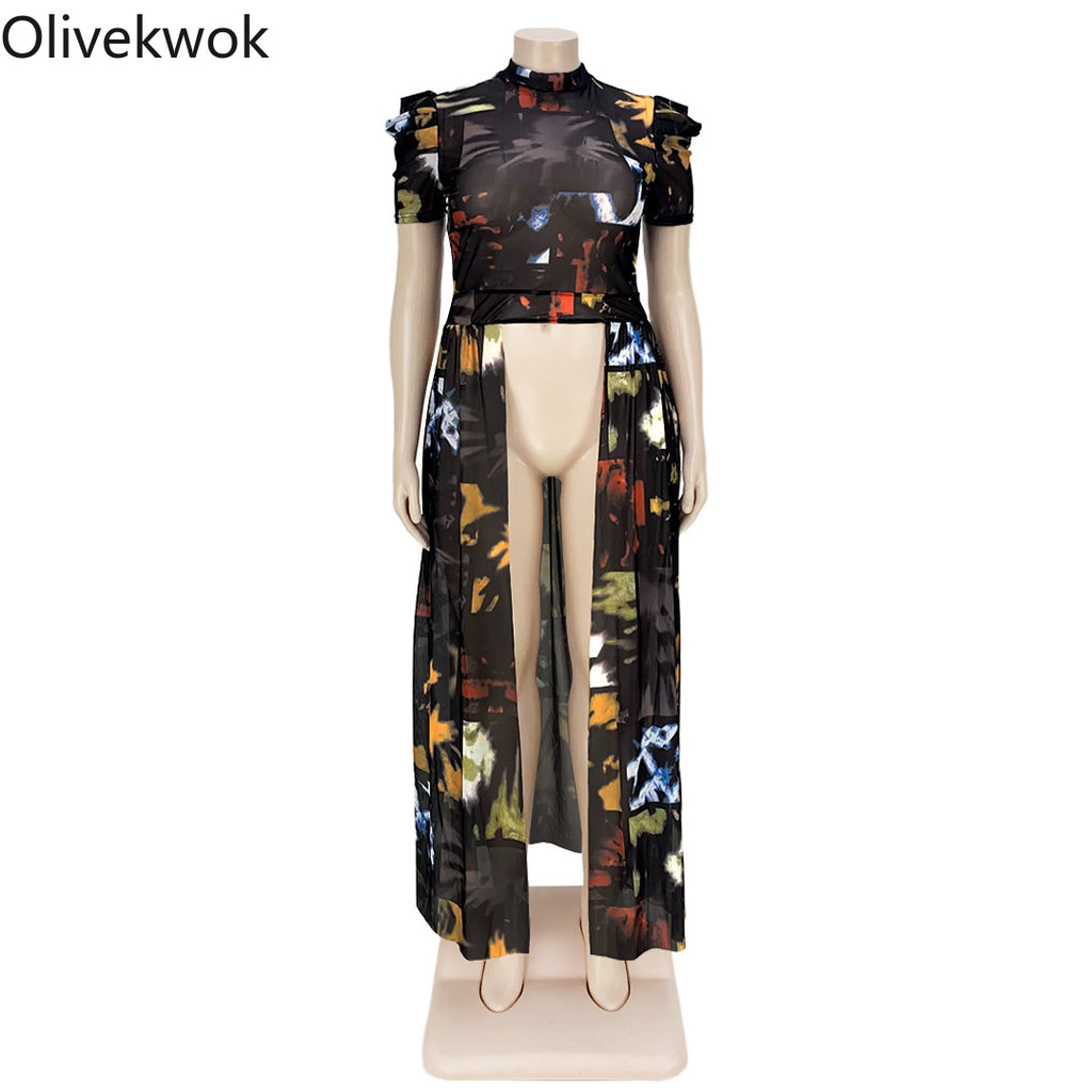 Olivekwok Plus Size Fashion Print Mesh Women T Shirts Streetwear Short Sleeve O-neck Casual Female Long Tops for Spring