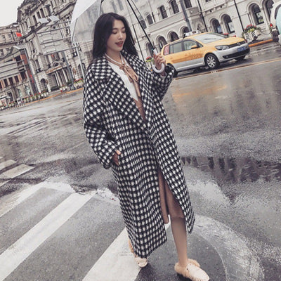2021 Autumn and Winter Korean Version of The New Women's British Style Houndstooth Print Slim Long Coat Lapel Casual Long Coat