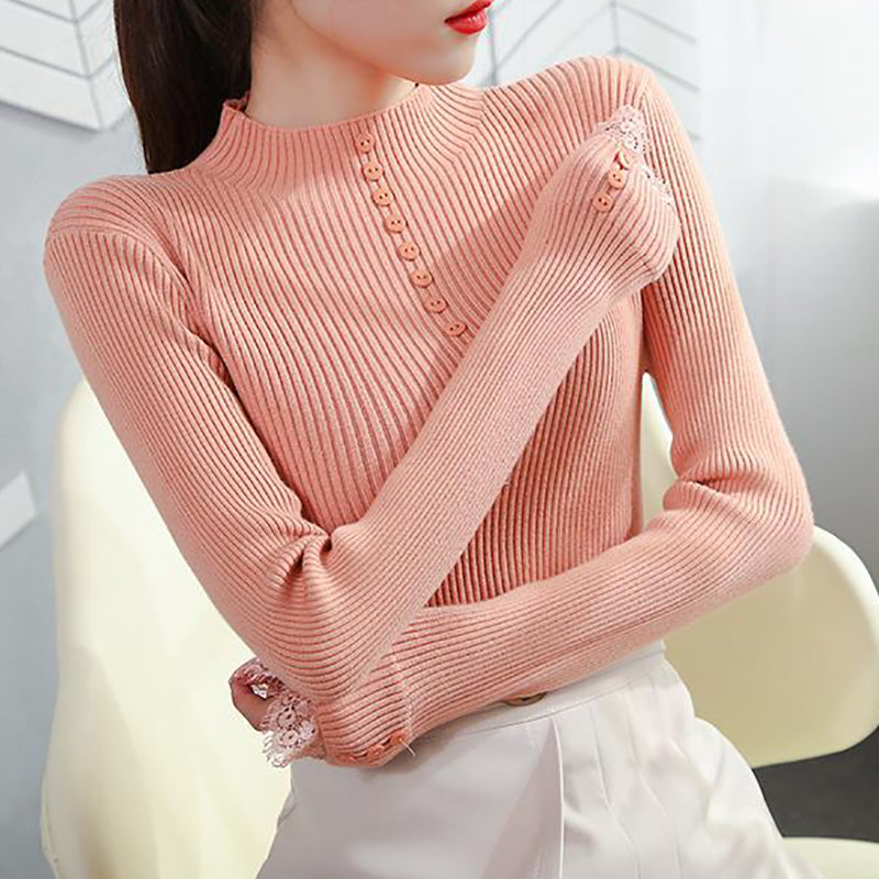 Lace Patchwork Women Sweater Half High Collar Casual Fall Winter Pullovers Long Sleeve Top Button Slim Knitted Sweaters Female