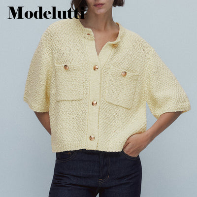 Modelutti 2022 New Autumn Fashionable Women Short Sleeve Knitted Sweater Coat Pockets Solid Wild Simple Casual Tops Female Chic