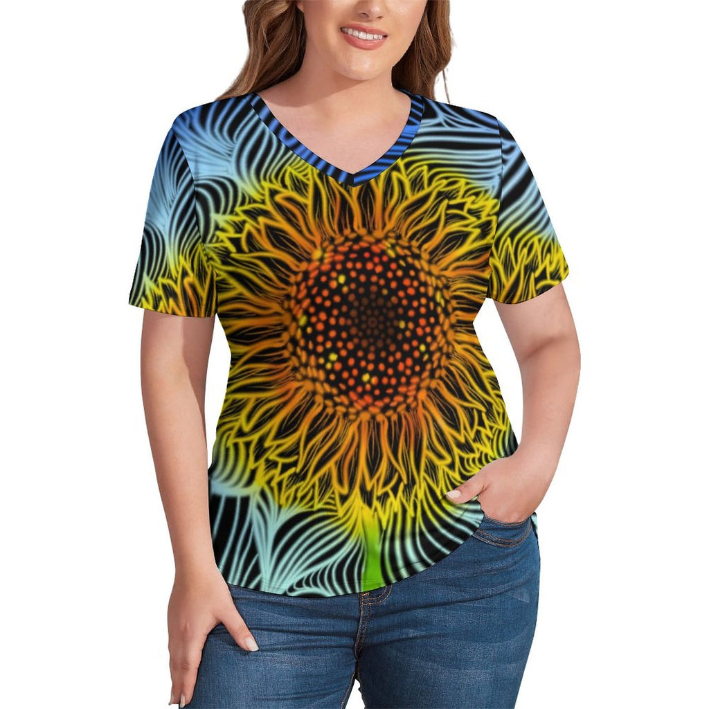 Sunflower Field T-Shirts Sunflower Field V Neck Trendy T Shirt Short-Sleeve Lady Pretty Tee Shirt Pattern Tees Plus Size 3XL 4XL