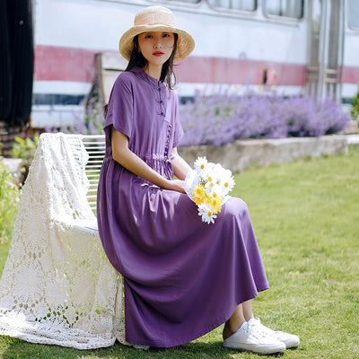 Vintage Women&#39;S Clothing 2021 Cotton Linen Short Sleeve Retro Robe Vintage Femme Vestido Solid Color Chinese Dress Qipao 11772