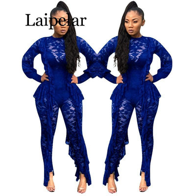 Long Sleeve Sexy Sheer Black Lace Jumpsuit Bodysuit Women See Through Ruffle Party Club Wear One Piece Bodycon Jumpsuit Rompers