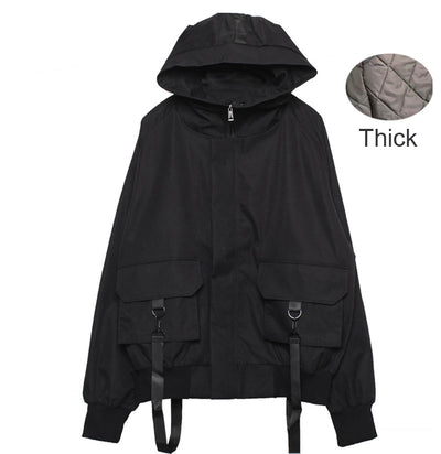 Ribbons Zipper Cargo Jackets Coats Man Techwear Winter Hooded Windbreaker Jacket Thick Hip Hop Streetwear Loose Outwear Trench