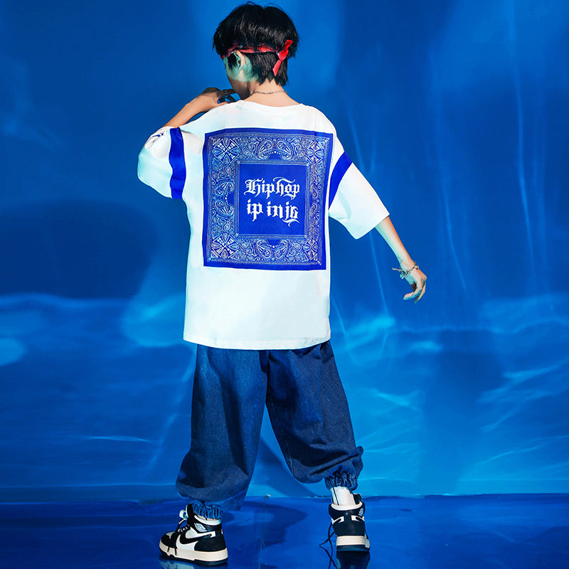 Kids Kpop Outfits Teen Hip Hop Clothing Graphic Tee T Shirt Top Baggy Denim Pants For Girl Boy Jazz Dance Wear Costume Clothes