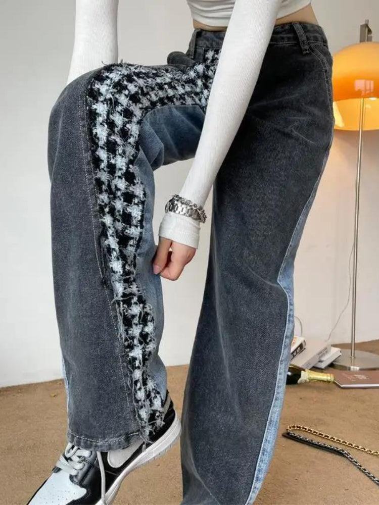 QWEEK Korean Fashion Jeans Women Harajuku Vintage Chic Patchwork Jacquard Denim Pants Oversized Retro Stylish Wide Leg Trousers