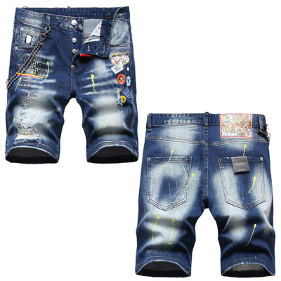 Light Luxury Men’s Slim-fit Ripped Denim Shorts,Chains Decors Trendy Printing Casual Shorts,Stylish Sexy Street Jeans Shorts;
