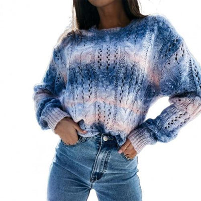 Women Stylish Irregular Gradient Color Round Neck Sweater Knitwear Knitted Pullover All Match  for Daily Wear