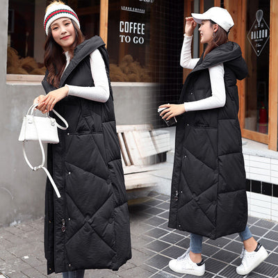 2021 New Women Autumn Winter Female Hooded Sleeveless Outwear Long Waistcoat Korean Loose Warm Thick Cotton Padded Vest Overcoat