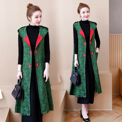 2021 Chinese Style Trench Coats Sleeveless Embroider Long Jackets For Women Cotton Robe Vintage Femme Han Chinese Clothing 11791