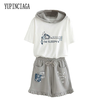 2 piece set women Tops And Shorts Cartoon Print Hooded Sweatshirts And Pockets Elastic Waist Straight Shorts Girls Suits