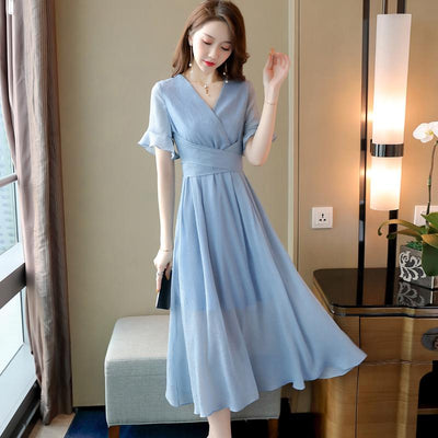 Summer Short Sleeve Slim Thin V-neck Ankle-length A-line Pink Blue Black Chiffon Simple Fashion Women Dress Vestidos