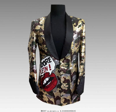 Personalized Fashion Male Sequins Red Lips Printing Nightclub Dj Dance Performance Costumes Male Cool Party Prom Casual Suits