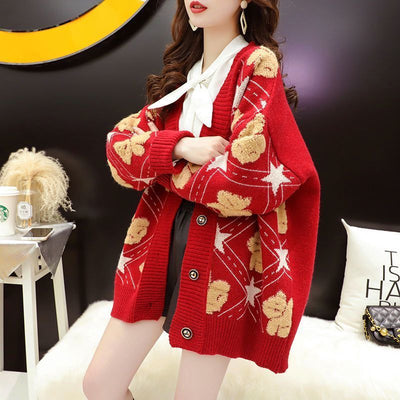 2021 Autumn Winter New Fashion V-Neck Sweater Loose Cute Bear Sweater Knitted Cardigan Coat