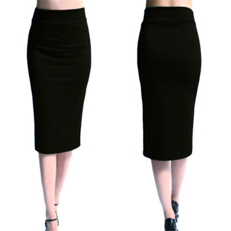 Stretch Slim Skirts Womens Elastic High Waist Bodycon Skirts Solid Color Mid-Calf Office Pencil Skirt Lady Rib Maxi Skirts