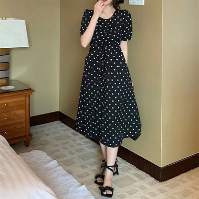 2022 Summer New Korean Version Sweet Age-reducing Comfortable Polka-dot Irregular Drawstring Dress Women