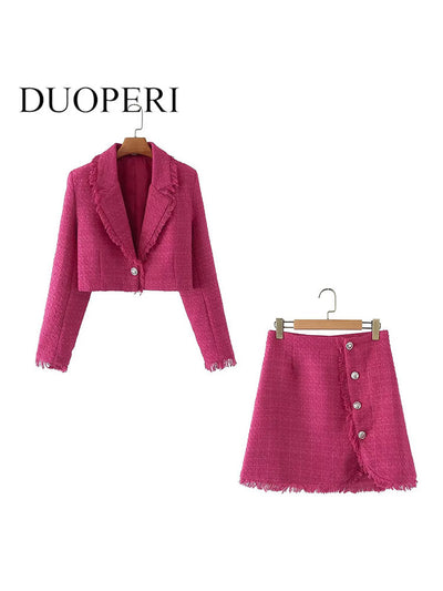 DUOPERI Two piece set Women suits Cropped Blazer and Mini Skirt Elegant High Fashion Chic Lady 2 piece set Women blazer set