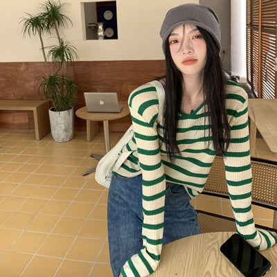 Pullovers Women Striped V-neck Autumn Basic Teens Young Preppy Casual All-match Fashion Ulzzang Sweater Mujer Gentle Kawaii Ins