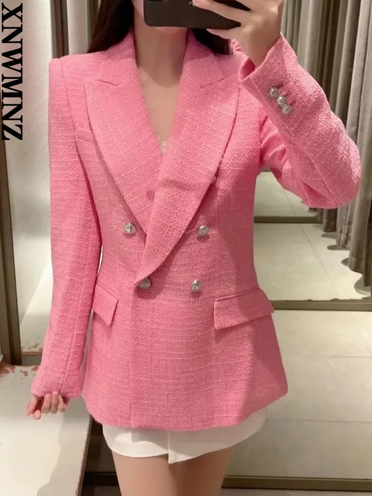 XNWMNZ 2022 Women's Fashion Autumn Pink Textured Double Breasted Suit Jacket Woman Casual Long Sleeve Pockets Female Chic Blazer