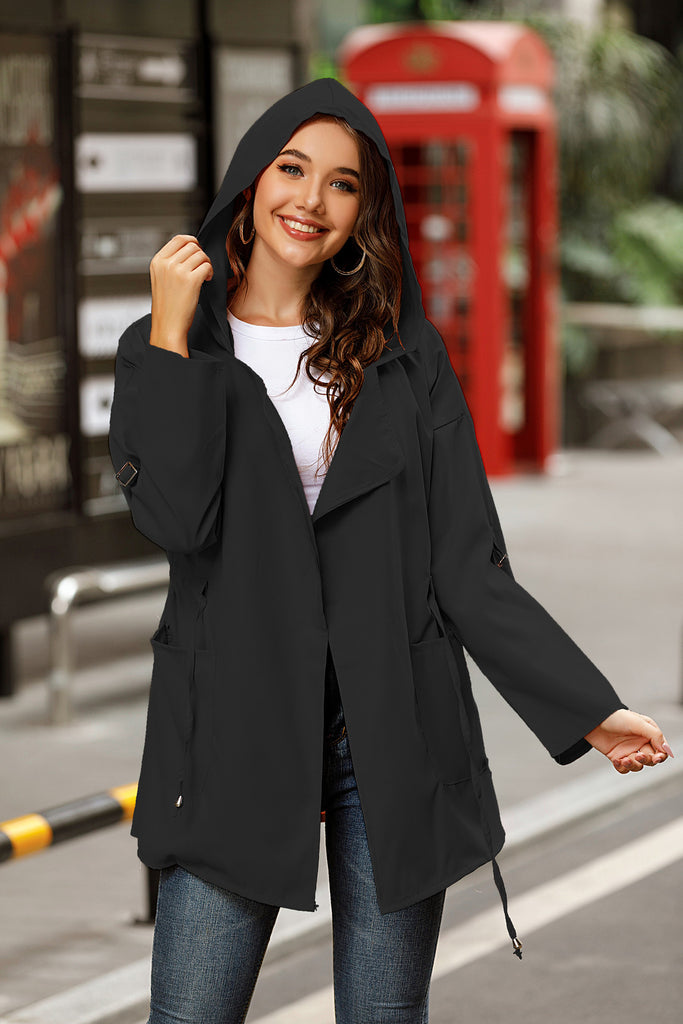 Spring and Autumn Women&#39;s Wear Solid Color Medium Length Hooded Windbreaker Coat Women&#39;s Windbreaker Leisure Long Sleeve Coat
