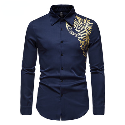 Mens Stylish Gold Floral Printed Dress Shirts Slim Fit Long Sleeve Party Shirt Men Casual Social Wedding Tuxedo Chemsie Homme