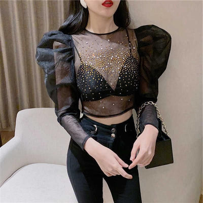 Sexy Rhinestone Women Organza Tops Puff sleeve Round neck Female Blouse Luxury Court style Crop tops Shirt Spring INKEO