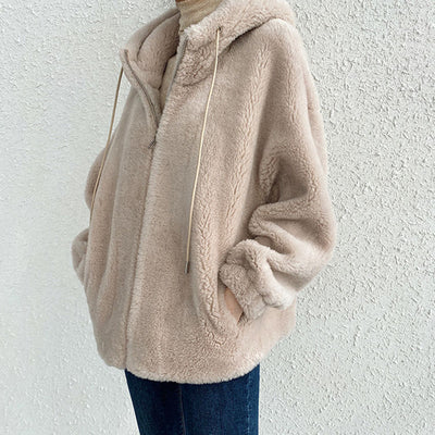 Women's Wool Lamb Coat Cute Bear Stand Collar Loose Thickened Warm Zipper Cardigan 2021 Winter New Solid Color Sweater Girl