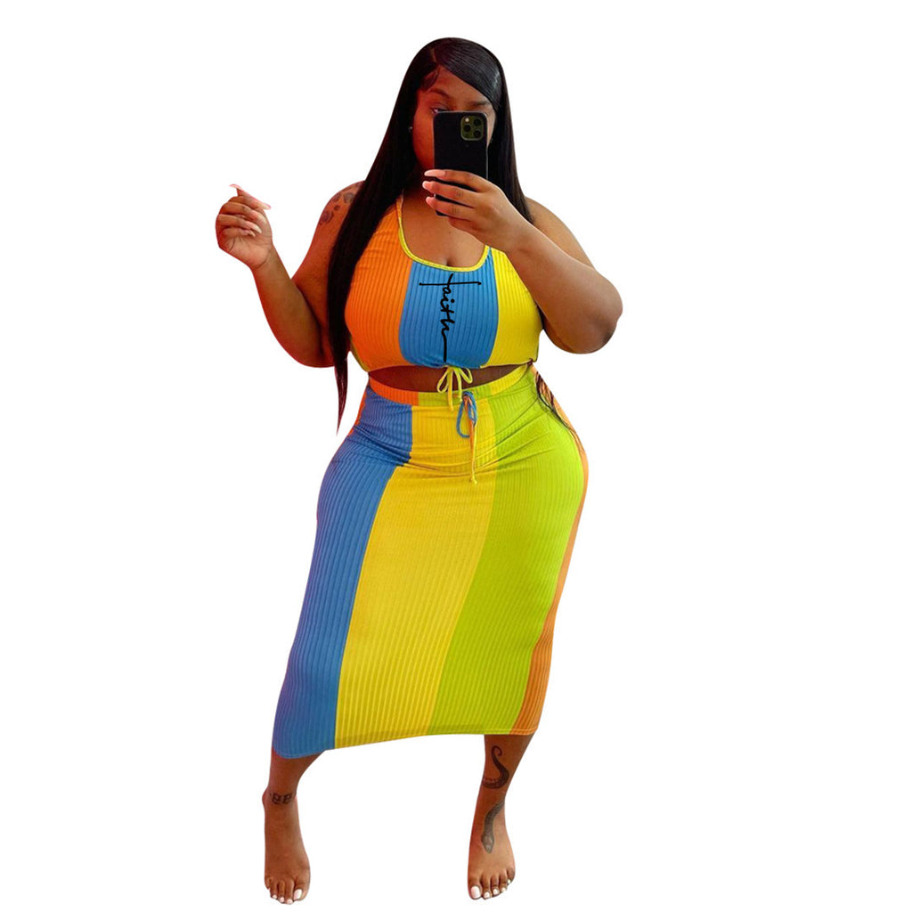 Meren Verado Plus Size Sleeveless Print Tank and Long Skirts Ribbed Suit Women Colour Patchwork Bodycon Two 2 Piece Set 2022