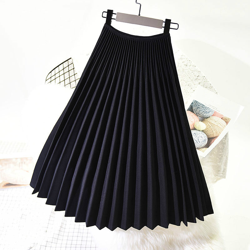 Women Pleated Skirt Autumn Winter Retro Chic Girls High Waist Dance Formal Grey Skirts Long Vintage Elastic Waist Office Wear