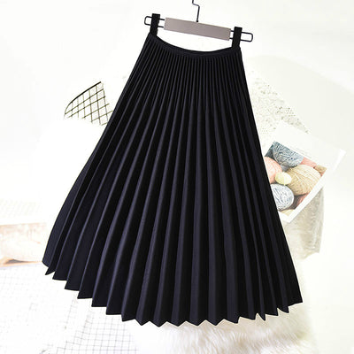 Women Pleated Skirt Autumn Winter Retro Chic Girls High Waist Dance Formal Grey Skirts Long Vintage Elastic Waist Office Wear