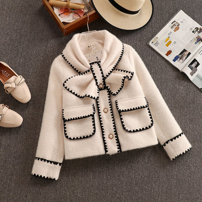 High Quality Women White Bow Mink Jacket Coat For Female Slim Patchwork Pocket Outerwear Ladies Wool Short Coat Winter Clothes