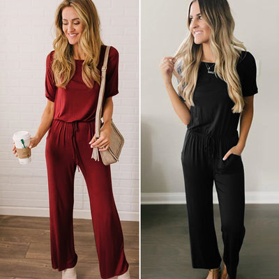 AHVIT Casual Solid Color Back Hollow Out Fashion Women Jumpsuits Short Sleeve Round Collar Slim Fit Party Romper SJ-S0002