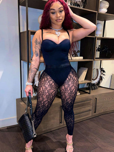 Two Piece Sets Women 2022 Summer Club Sexy Vintage Pants Set Sleeveless Corset Bodysuit Top + Lace See Through Pants 2Pcs Sets