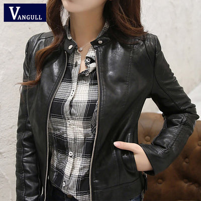 Vangull Motorcycle PU Leather Jacket Women Autumn Slim European Style Casual Short Outwear Biker Basic 2021 New Streetwear Coat