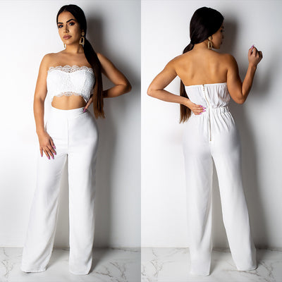 AHVIT Fashion Hollow Out Lace Sexy Women Jumpsuita Strapless Sleeveless Solid Color Elegant Party Romper MOS-M889
