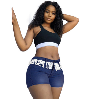 High Waist Bodycon Sexy Mom Jean Shorts Female Y2k Pants Plus Size Light Blue Black Denim Shorts with Tassel Women Streetwear
