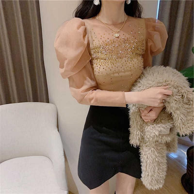 Sexy Rhinestone Women Organza Tops Puff sleeve Round neck Female Blouse Luxury Court style Crop tops Shirt Spring INKEO