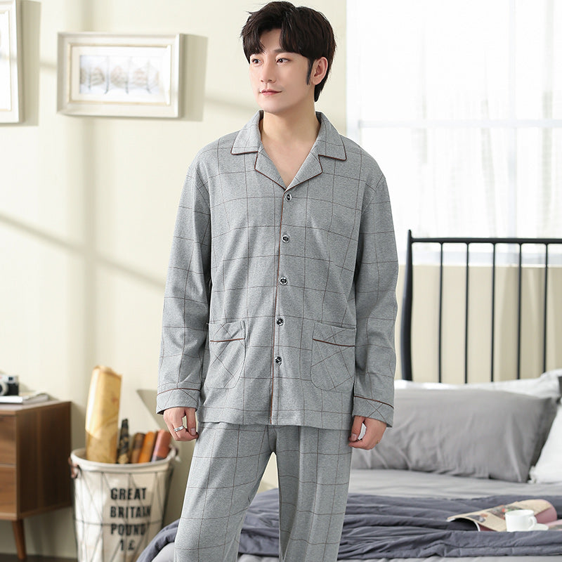 Men&#39;s Full Pure Cotton Big Yards XXXL Pajamas Set Long-Sleeve Tops Trousers Gray Plaid Men Pyjamas Home Wear Pijama Hombre