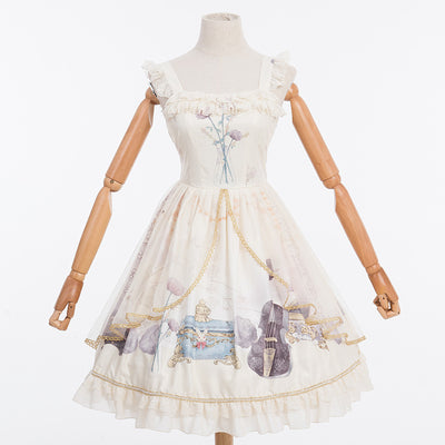 Vintage JSK Lolita Dress For Ladies Girls Floral Print Ruffle Old Times Dream Women Lace Sleeves Bowknot Golden Trim Sling Dress