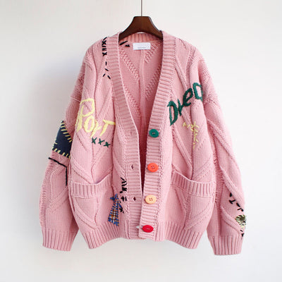 2022 Spring Women Cardigan Warm Knitted Sweater Jacket Pocket Embroidery Fashion Knitted Cardigans Coat Lady Loose Tops