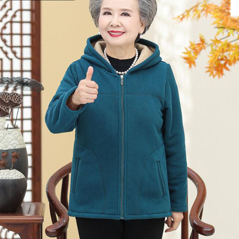 Middle-Aged Elderly Mothers Shake Grain Velvet Hooded Hoodie Coat 2021 New Spring Autumn Short Long Sleeve Slim Ladies Jacket