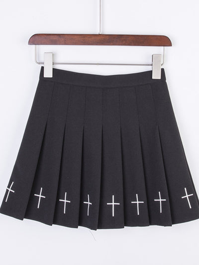 Summer Pleated Women's Street Style All-match Black Skirt Gothic A-line Embroidered Mini Skirt