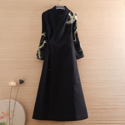 High Quality Winter Chinese Style Wool Trench Coat Hanfu Embroidery Phoenix Retro Elegant Loose Tassel Women Dress S-XXL