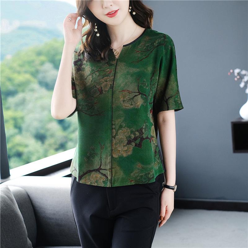 Women&#39;s 2021 Summer New Vintage Printed Middle-aged Mother&#39;s National Style T-shirt