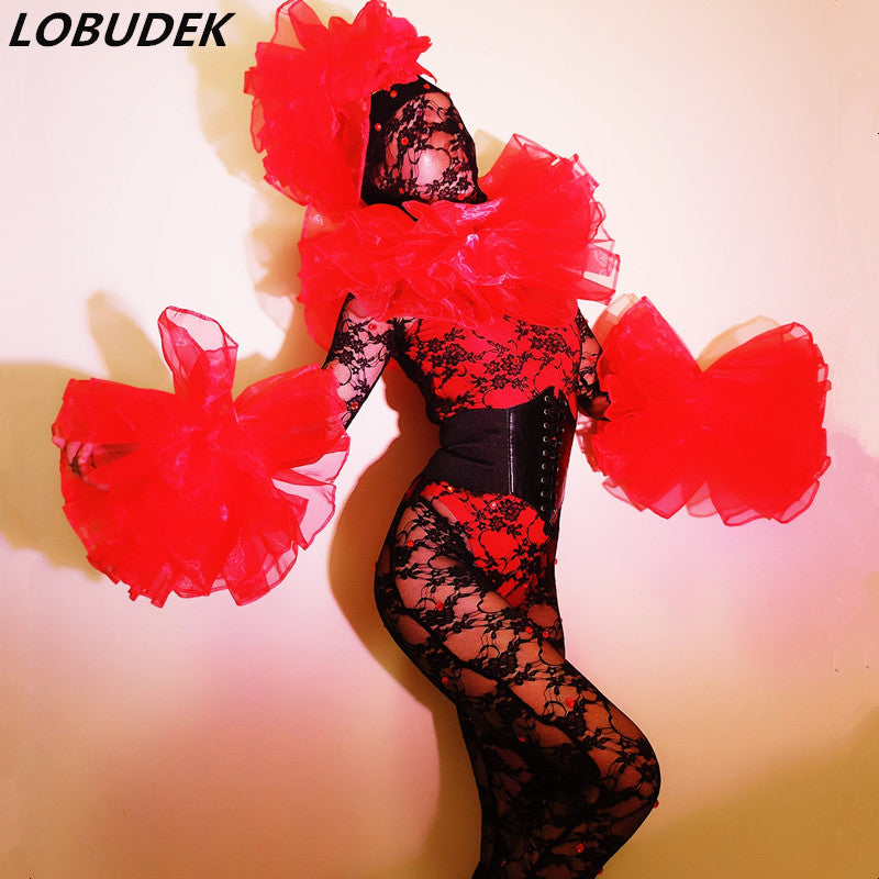 Bar Nightclub DJ Dance Team Sexy Costume Red Floral Black Lace Skinny Jumpsuit Masked Singer Stage Leotard Performance Clothes